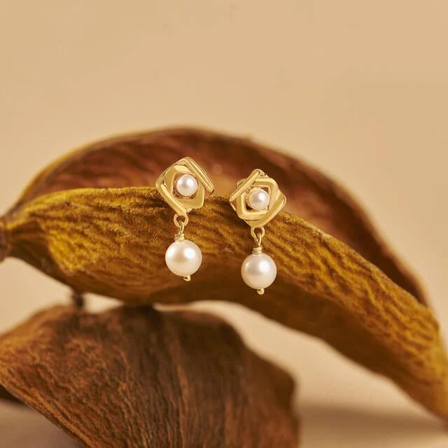 Yellow Gold And Pearl Geometric Drop Earrings Enchanting